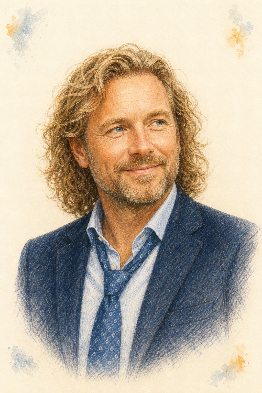 Portret-schets in kleurpotlood van Arnold: krullend haar, colbert en blauwe das, op crèmekleurig papier.